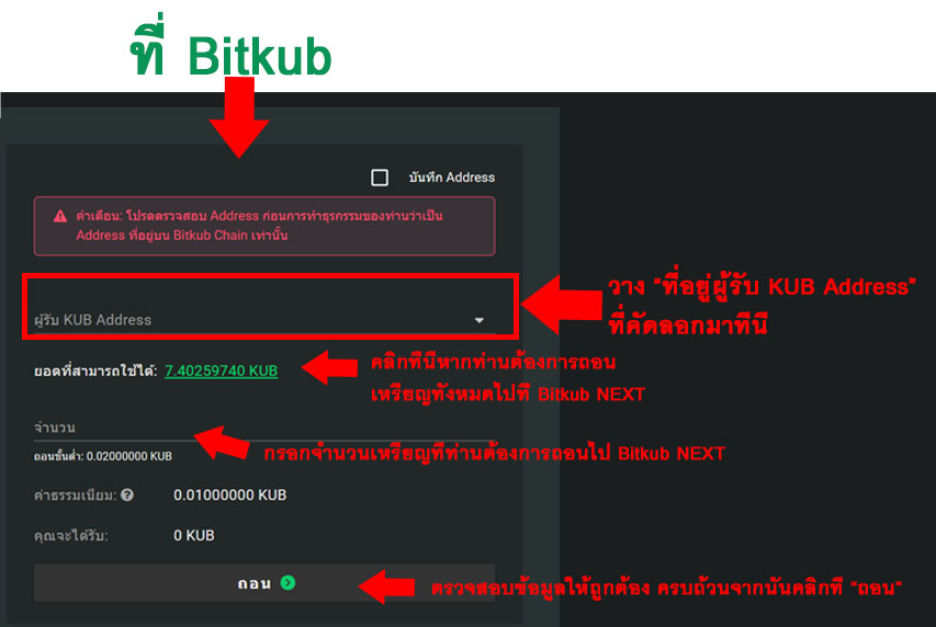 คัดลอกที่อยู่Bitkub Coin walletวางที่ผู้รับ KUB Address เพื่อทำการถอนเหรียญไปที่ Bitkub NEXT